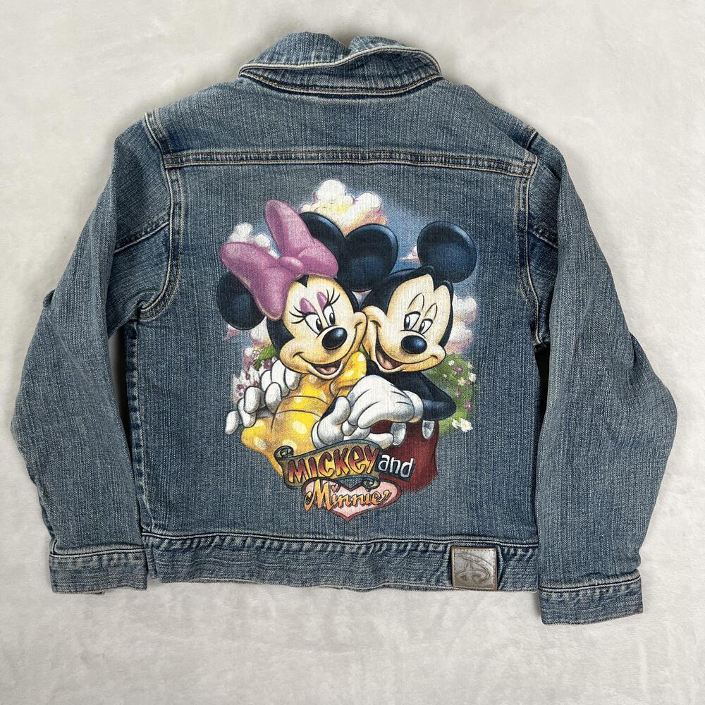 Vintage Disney Denim Jacket Girls 7/8 Blue Mickey And Minnie Rhinestone Y2K